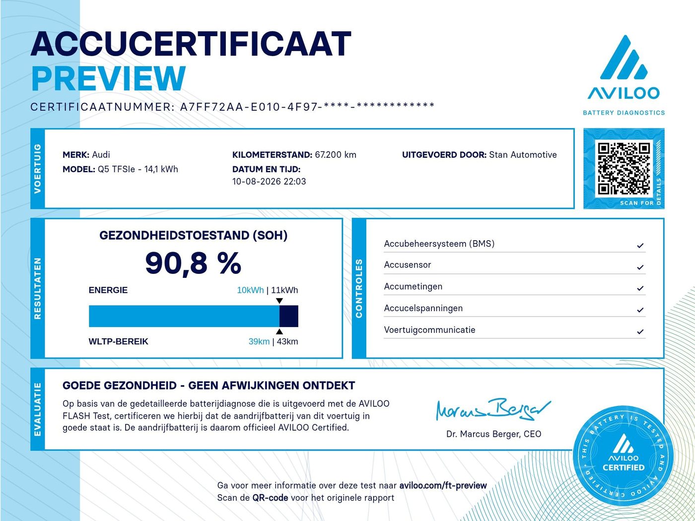 Voorbeeld AVILOO accucertificaat met een gezondheidstoestand (SoH) van 90,8 procent, uitgevoerd door Stan Automotive in Haarlem